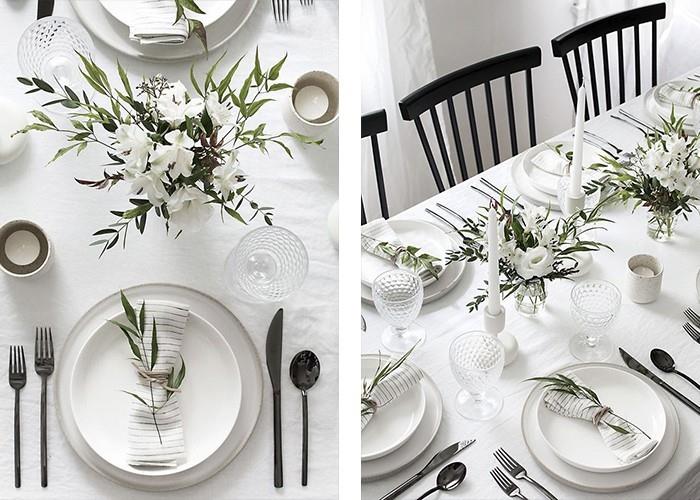 τραπέζι διακοσμούν λευκά τραπεζομάντιλα φυτά φρέσκα