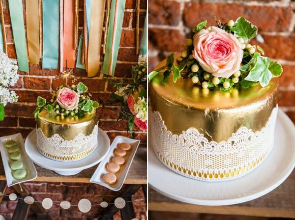 ιδέες διακόσμησης τραπεζιού ρουστίκ στυλ επιδόρπιο μπουφέ κέικ χρυσή άκρη macarons