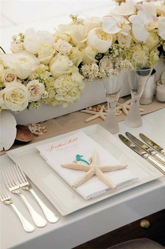 διακόσμηση τραπεζιού γαμήλια διακόσμηση λουλουδιών λευκές ορτανσίες τριαντάφυλλα αστερίας