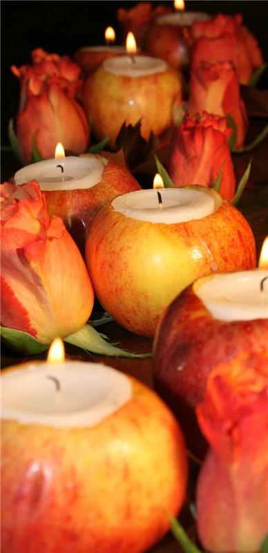 διακόσμηση τραπεζιού γάμος φθινοπωρινή διακόσμηση φανάρια μήλα τριαντάφυλλα