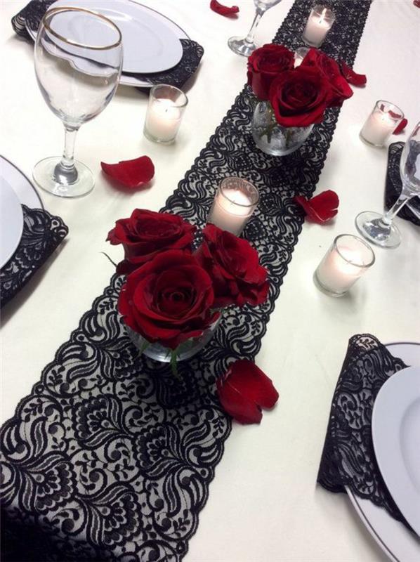 διακόσμηση τραπεζιού γάμος ισπανικό στυλ μαύρη δαντέλα κόκκινα τριαντάφυλλα