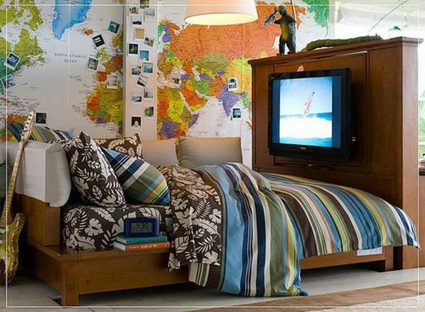 ιδέες νεανικό δωμάτιο αγόρια κρεβάτι τηλεόραση τοίχο χάρτη