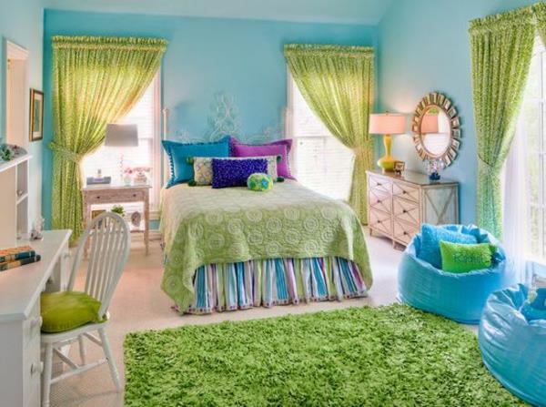νεανικό δωμάτιο για κορίτσια χαλί με πράσινες κουρτίνες