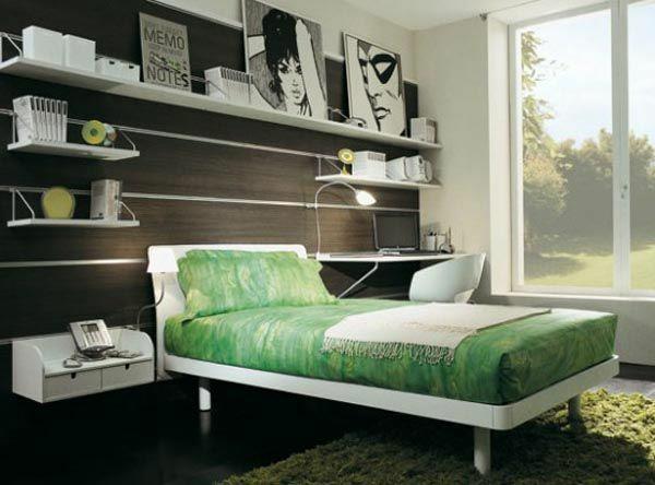 έφηβος δωμάτιο για κορίτσια πράσινο κρεβάτι τοίχο ράφι φωτογραφίες