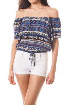 Bandeau Lastikli Omuz Geometrik Baskılı Üst
