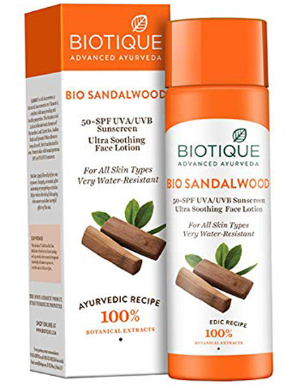 „Biotique Bio Sandalwood 50+ Spf Uva Uvb“ apsaugos nuo saulės itin raminantis veido losjonas
