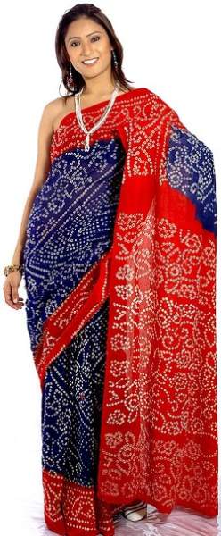 Mavi ve Kırmızı Bandhani Rajasthani Saree