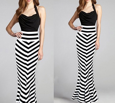 Juodas ir baltas elastingas ilgas dryžuotas sijonas
