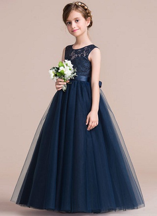 Dark Lacivert Çiçekli Kız Frock Dress