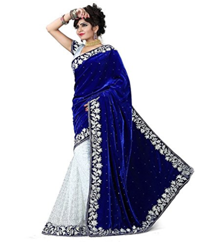 Ucuz Sarees-Kadife Ve Net Royal Blue Saree 4