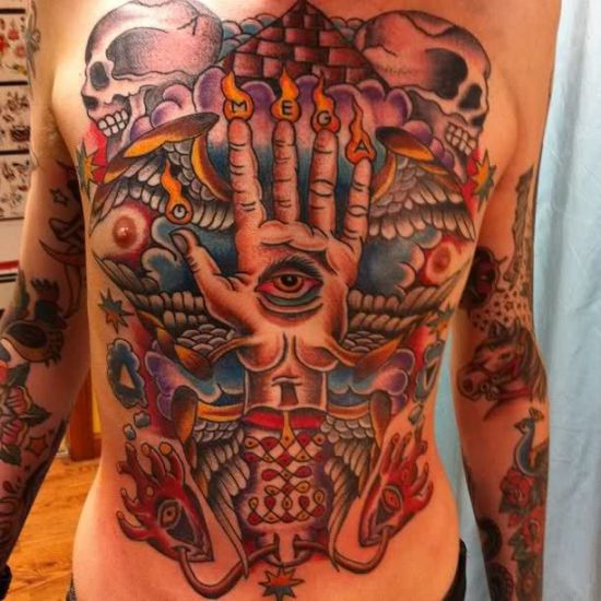 Spalvingas masonų tatuiruotės dizainas