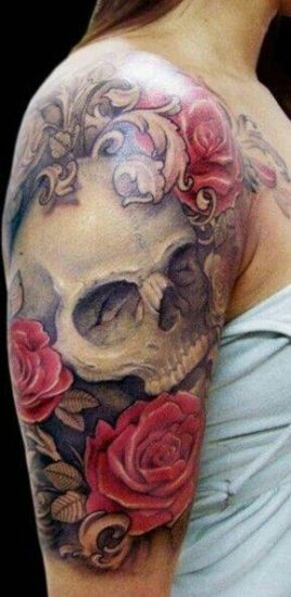Kaukolės ir rožių meksikietiškas tatuiruotės dizainas