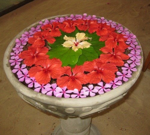 Specialus „Rangoli“ dizainas „Rangoli“ su gėlėmis ir vandeniu