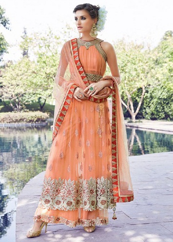 „Net Salwar“ kostiumas be rankovių su „Resham Work“