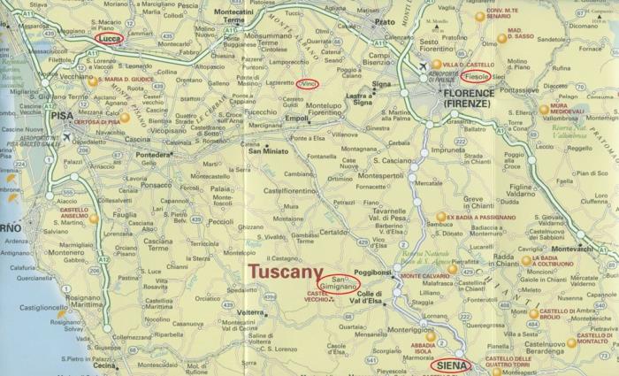 χάρτης διακοπών της Τοσκάνης πόλεις της Τοσκάνης