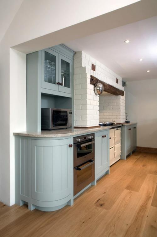 παραδοσιακή κουζίνα μοντέρνο σχέδιο τοίχο από τούβλα λευκό μπλε ντουλάπι ξύλο