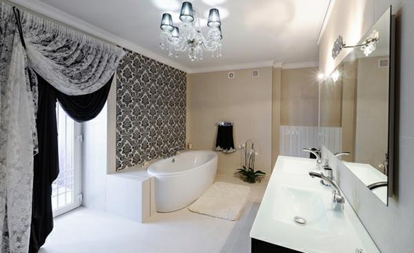ονειρεμένο μπάνιο μαύρο λευκό παραδοσιακή ταπετσαρία μοτίβου