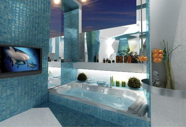 ονειρεμένα μπάνια ενσωματωμένη μπανιέρα μπλε πλακάκια τηλεόραση
