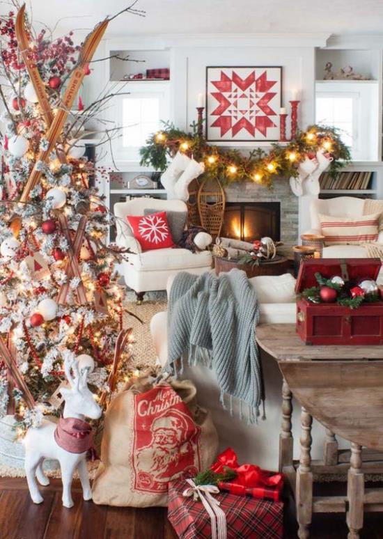 ονειρεμένες χριστουγεννιάτικες διακοσμήσεις στο σαλόνι στο εξοχικό στυλ ζεστή ζεστή ατμόσφαιρα
