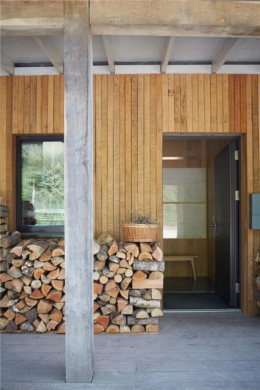 ονειρεμένο σπίτι με στοιβασμένο ξύλο μπροστά από τον τοίχο