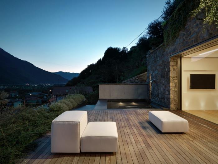 dream house βεράντα ξύλινες σανίδες δαπέδου ταπετσαρισμένα καθίσματα