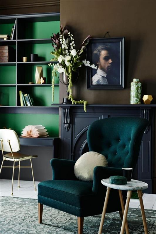 τάσεις για τον επερχόμενο φθινοπωρινό σχεδιασμό τοίχων με χρώμα σκούρο πράσινο στο σαλόνι