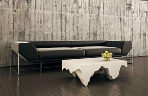 μοντέρνο περίεργο τραπεζάκι σαλονιού σκούρο καναπέ δερμάτινο λευκό