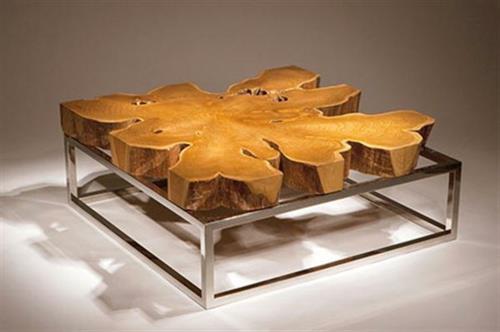 Μοντέρνο περίεργο τραπέζι καφέ τραπεζάκι από μασίφ ξύλο μεταλλικό σκελετό