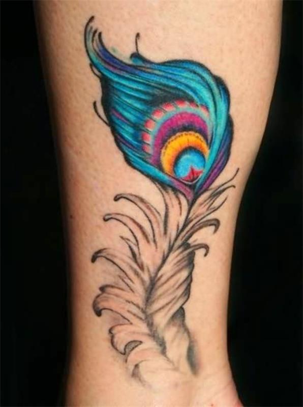 τατουάζ αντιβράχιο φτερό παγωνιού σε χρώμα