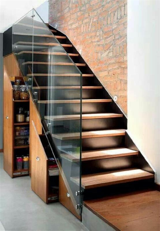 σκάλες σχήμα σχεδίου γυάλινο κιγκλίδωμα ενσωματωμένος χώρος αποθήκευσης ντουλαπιών