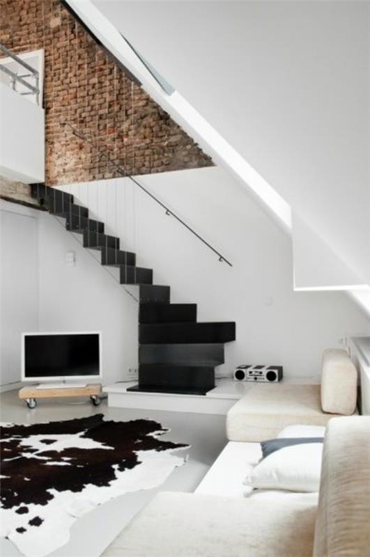 σχεδιασμός σκάλας μαύρη τηλεόραση χαλί καναπέ διακόσμηση τοίχου