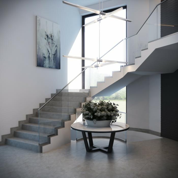 σχεδιασμός σκάλας γυάλινο κιγκλίδωμα στρογγυλό τραπεζάκι ιδέες διαδρόμου διάδρομο