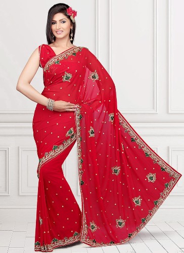 Kırmızı Tasarımcı Nakış Saree