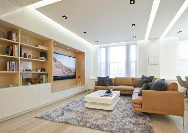 τηλεόραση αποθήκευσης τοίχου μέσα τοίχου επέκταση τοίχου σαλόνι ιδέες δερμάτινος καναπές