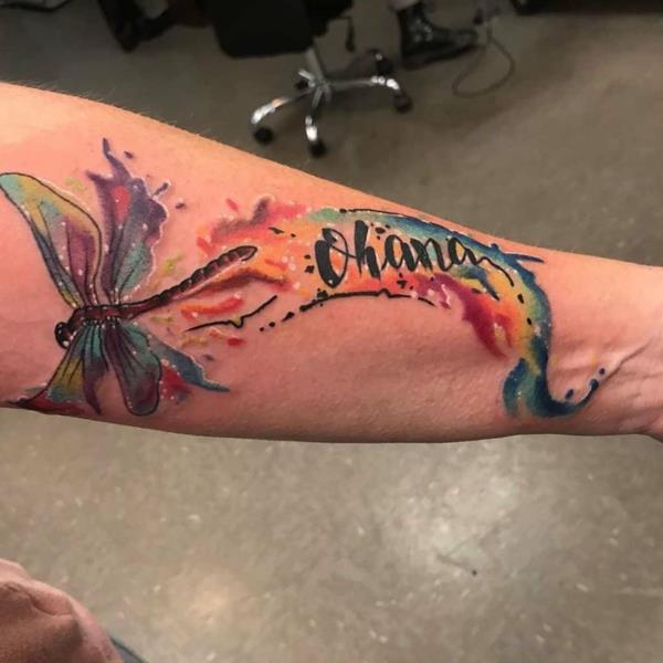 βραχίονα τατουάζ ακουαρέλα ohana tattoo dragonfly