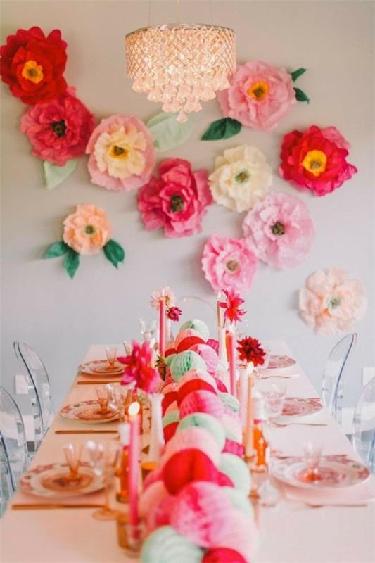 ιδέες διακόσμησης τοίχου πάρτι χρωματιστά λουλούδια χαρτιού