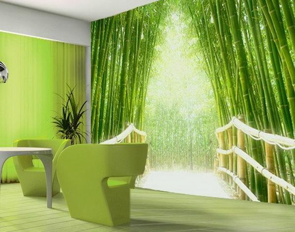 διακόσμηση τοίχου με φωτογραφία ταπετσαρία ρεαλιστικό σαλόνι πράσινο