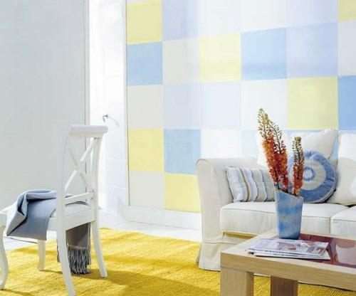διακόσμηση τοίχου με τετράγωνα νάρκισσους κίτρινους παστέλ τόνους σαλόνι λευκό
