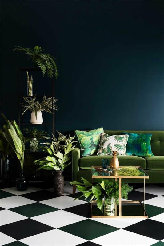 σχεδιασμός τοίχου σκούρο πράσινο χρώμα τοίχου πράσινο καναπέ φυτά