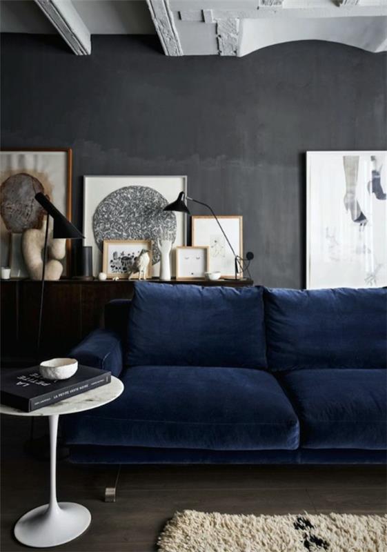 ιδέες σχεδιασμού τοίχων γκρι σαλόνι μπλε καναπές