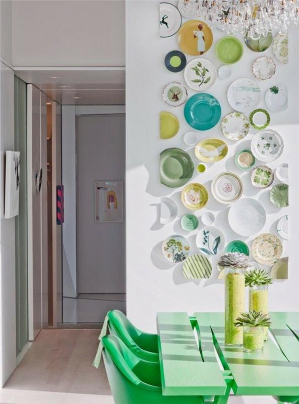 ιδέες σχεδιασμού τοίχου ζωντανές ιδέες πιάτα κουζίνας διακόσμηση τοίχου πράσινα έπιπλα