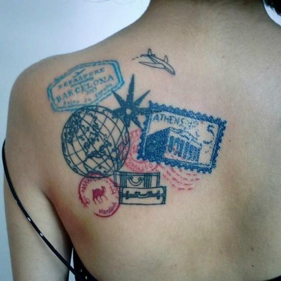 wanderlust τατουάζ ιδέες πίσω γραμματόσημα
