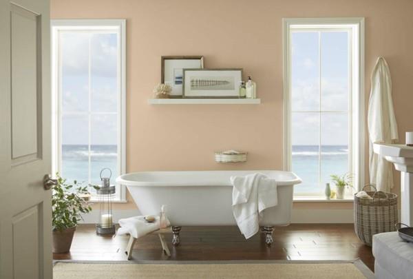 χρώμα τοίχου βερίκοκο μπάνιο λευκή μπανιέρα καλάθι sisal χαλί - Копие