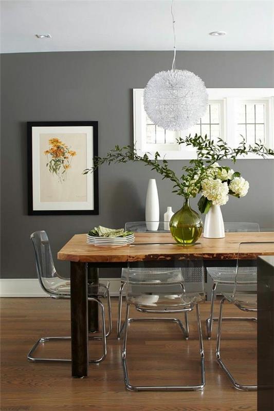 χρώμα τοίχου γκρι διαφανείς καρέκλες στιβαρό τραπέζι φαγητού