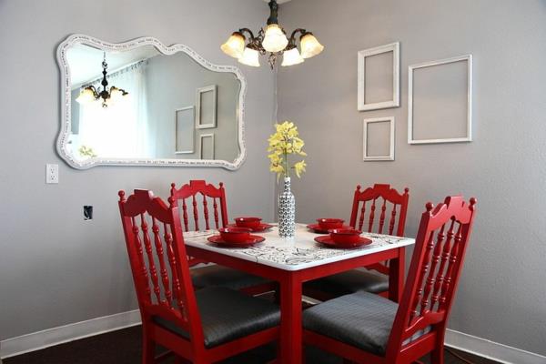 χρώμα τοίχου γκρι καθρέφτης τοίχου τραπεζαρία κόκκινο τραπέζι καρέκλες