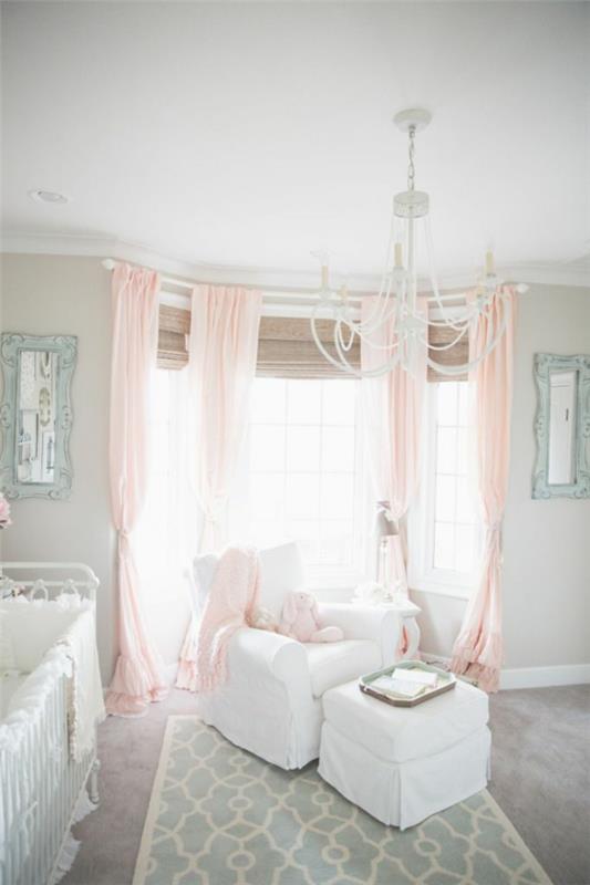 χρώμα τοίχου ανοιχτό γκρι κουρτίνες ροζ δωμάτιο κοριτσιών βρεφικού δωματίου