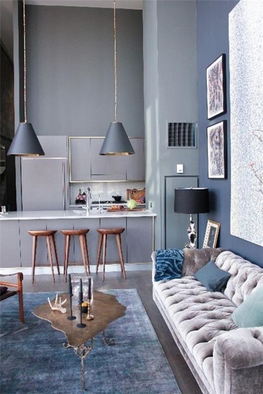 χρώμα τοίχου ανοιχτό γκρι μοντέρνο δωμάτιο vintage χαλί ασυνήθιστο τραπεζάκι σαλονιού