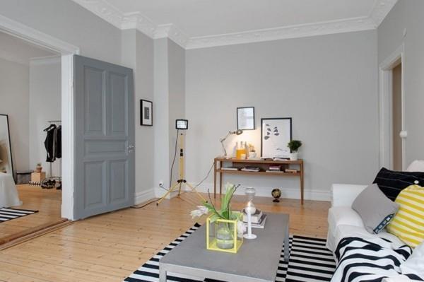 χρώμα τοίχου ανοιχτό γκρι σαλόνι σκανδιναβική διακόσμηση χαλί λουρί
