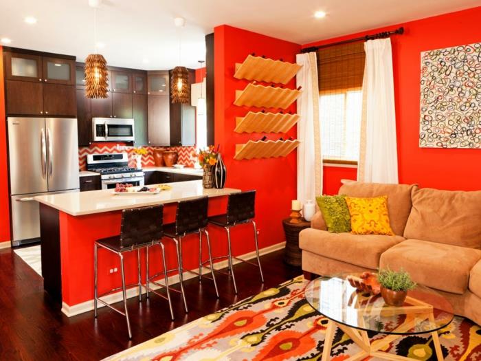 ιδέες χρώματος τοίχου κουζίνα ανοιχτό σχέδιο πορτοκαλί