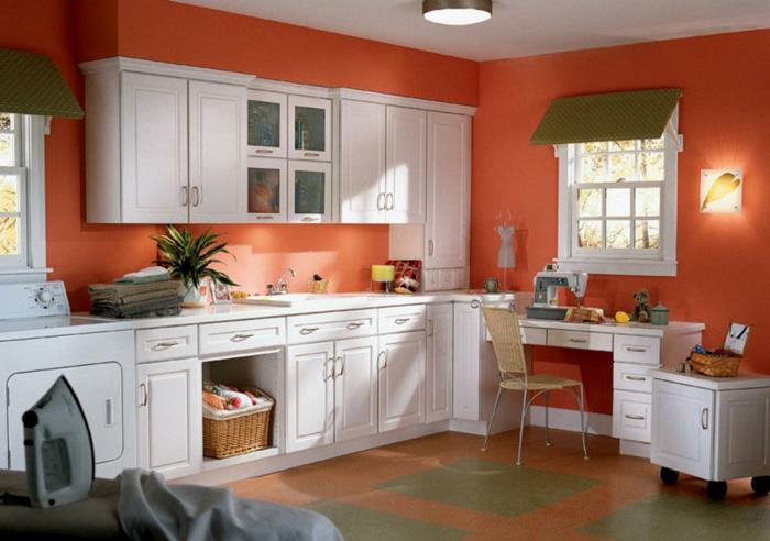 ιδέες χρώματος τοίχου κουζίνα πορτοκαλί τοίχοι λευκά ντουλάπια κουζίνας